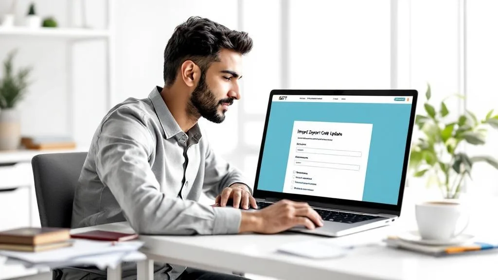 Professional update Import Export Code online on DGFT portal in a clean office setting with white background