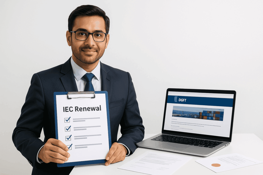 Business professional with IEC renewal checklist and DGFT portal, representing import export code renewal documents process by FinTax24