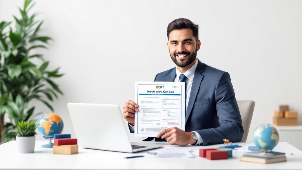 Business professional holding Import Export Certificate at desk with DGFT portal on laptop, symbolizing IEC registration and import export code services by FinTax24.