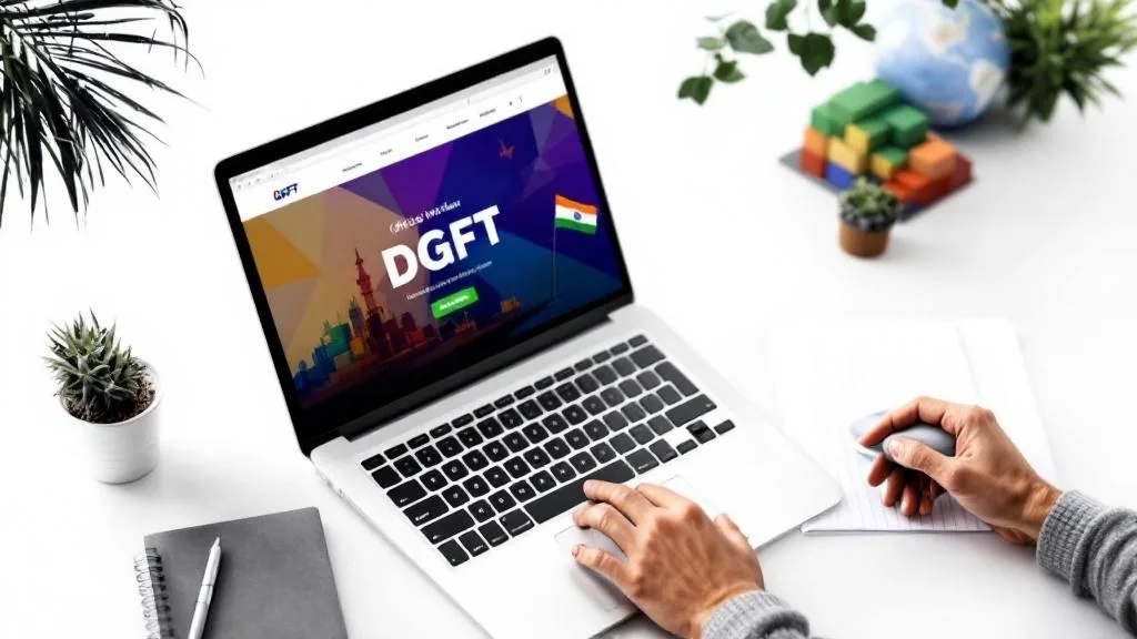 Person update Import Export Code online on laptop with DGFT website, clean white background, import export business concept