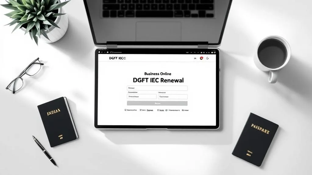 Fast import export code renewal online process with DGFT portal and business documents on white background.