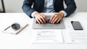 Professional completing import export code renewal online with IEC certificate and documents on a clean white desk.