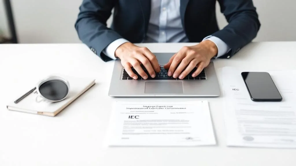 Professional completing import export code renewal online with IEC certificate and documents on a clean white desk.