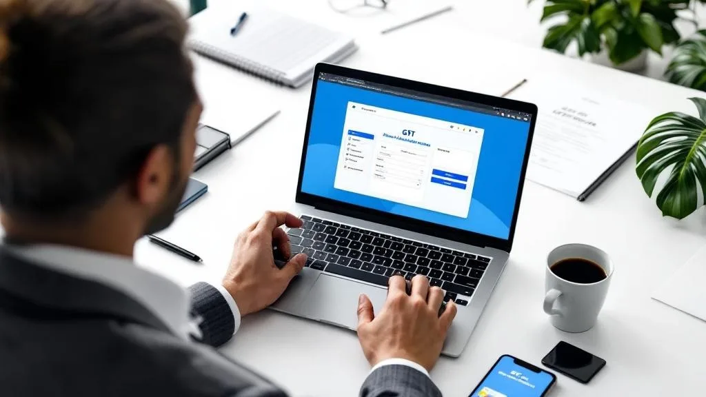 Business owner using laptop with GST portal and smartphone showing GST registration approval, representing the easiest online GST registration process with FinTax24.