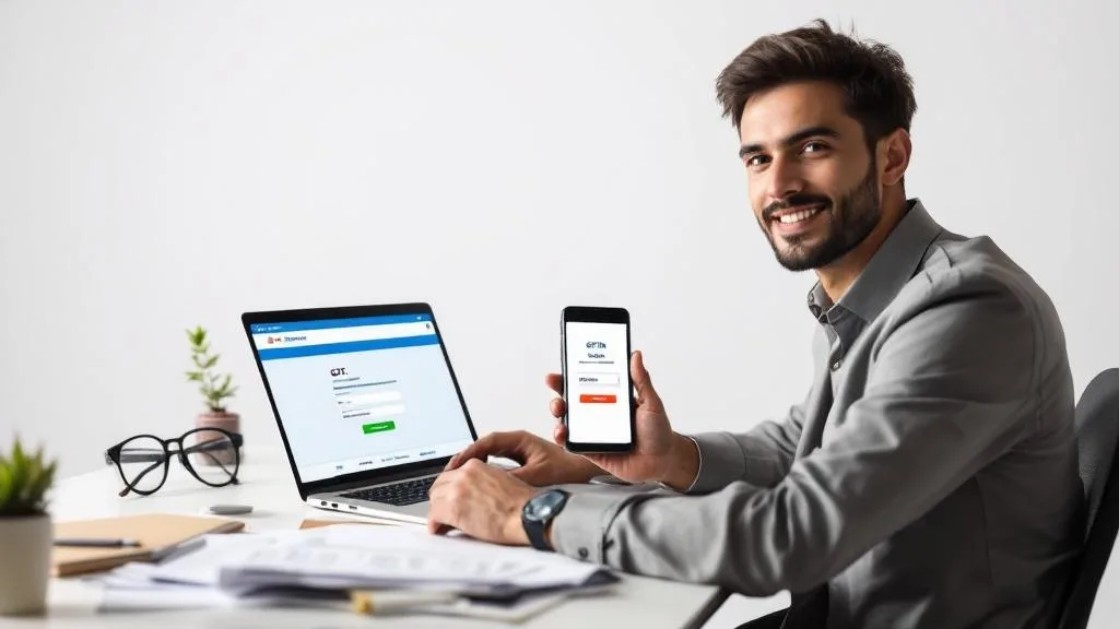 Fast-track GST registration for startup founder holding GSTIN confirmation, laptop showing GST portal, and business documents on a clean white background.