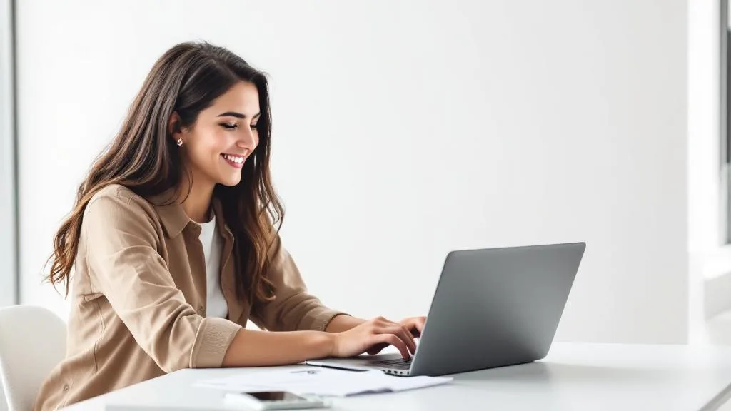 Small micro business owner smiling while completing GST registration online on a laptop at a clean white desk with documents and calculator