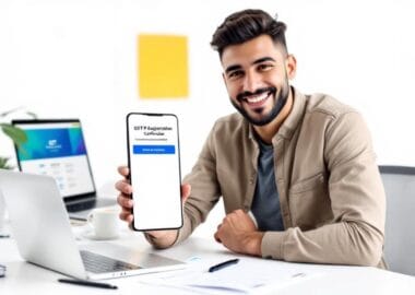 Tech startup founder holding smartphone with GST registration for tech startups confirmation, laptop showing GST portal, and business documents on a clean white background.