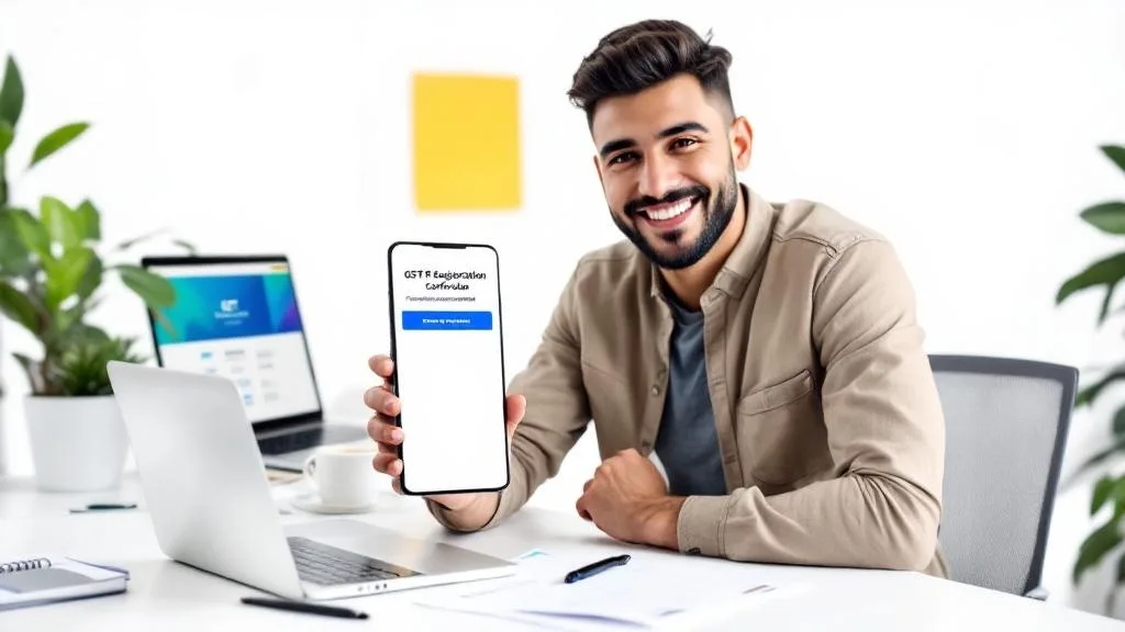 Tech startup founder holding smartphone with GST registration for tech startups confirmation, laptop showing GST portal, and business documents on a clean white background.