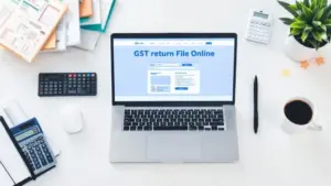 GST return file online process with laptop, documents, and calculator on a white background