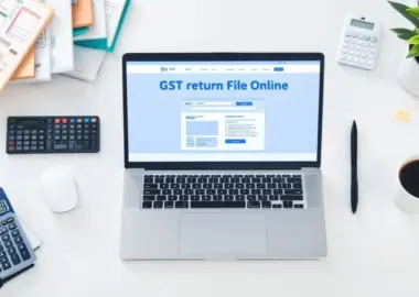 GST return file online process with laptop, documents, and calculator on a white background