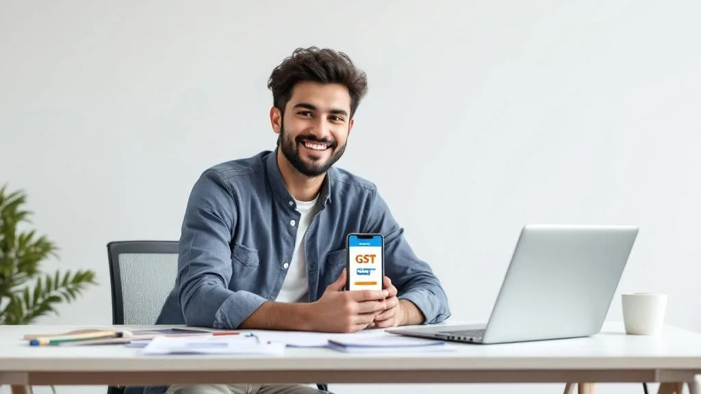 Entrepreneur holding GST registration confirmation on smartphone, laptop showing GST portal, and documents on a clean white background for online GST registration for new business.