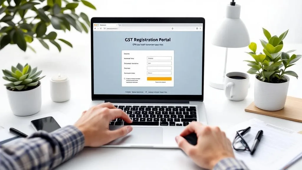 User completing online GST registration on laptop through official GST registration portal with clean white background and professional workspace.