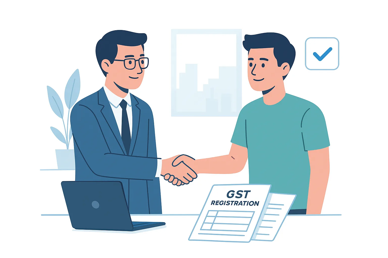 Startup GST registration consultant helping entrepreneur with GST paperwork, white background, FinTax24.